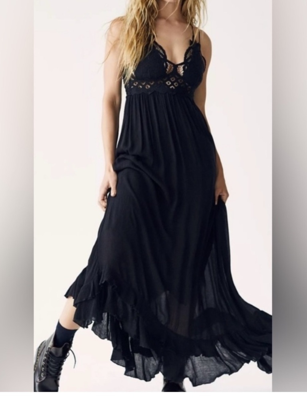 Free People Black Lace Bodice Maxi with Crisscross Straps